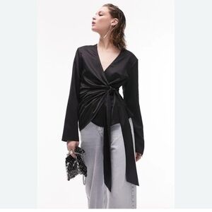 Black satin wrap side tie bow blouse top great for the holidays EUC 4